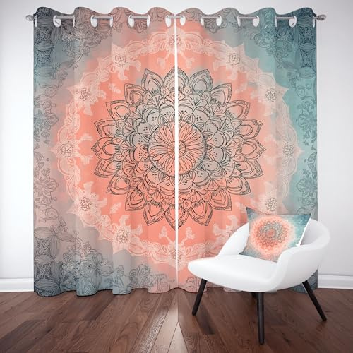 Mandala Thermovorhang 225x140 cm, Böhmen Indisch Blumen Gardinen 2er Set | mit Ösen, Exotisch Mandala Ornament Verdunklungsvorhänge Schlafzimmer Blickdicht Curtains Wohnzimmer