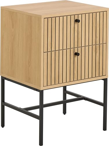 AC Design Furniture Ebbe Rectangular Bedside Table, Table Top, Body and 2 Drawers Rough Melamine Oak Frame, Matte Black Rough Powder-Coated Steel with Slat Front, 45.6 x 40 x 70 cm