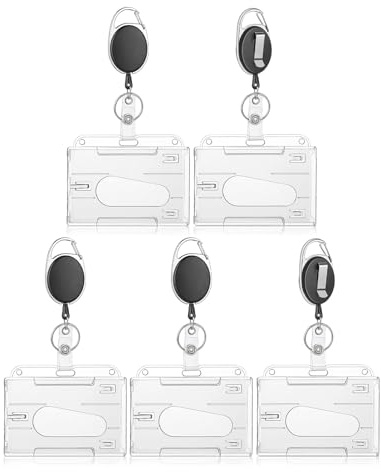 5 Stück Ausweishalter mit Einziehbarer Schlüsselband, Transparente PC Kartenhalter Ausweis mit 2 Kartenfächern, Durchsichtigen Ausweishülle Badge Holder mit Clip