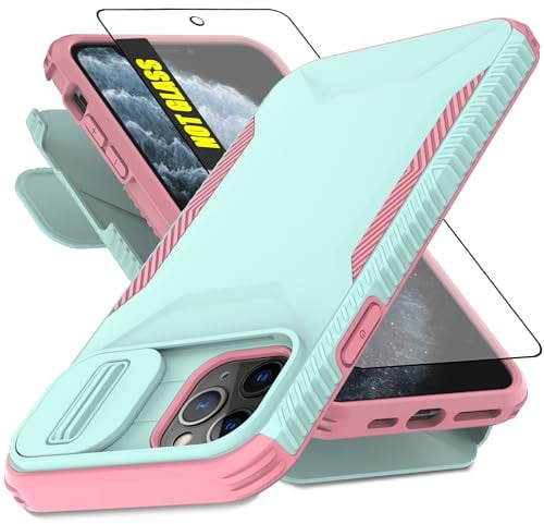 AWZHYDT for iPhone 11 Pro Max Case,with Built-in Slide Camera Cover & Screen Protector, [2 in 1] Heavy Duty Rugged Shockproof Protective Cover for iPhone 11 Pro Max 6.5(Cyan/Pink)