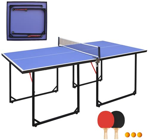 GYMFLEX Table de ping-pong pliable, table de tennis de table de taille moyenne, table de ping-pong multifonctionnelle, inclut filet, 2 raquettes de tennis de table et 3 balles avec plateau bleu et