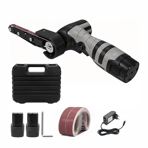Akku Bandschleifer mit 15 Schleifbänder (80-1000 Körnung), Mini-Bandschleifer 6500 U/min mit 2 x 1500-mAh-Akkus und Ladegerät, 360° verstellbarer Schleifkopf für Holz, Metall, Leder, Glas und mehr
