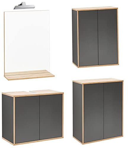 FACKELMANN Dunkles Badmöbel Set Finn 5-TLG. grau anthrazit hängend 60 cm & Badspiegel mit LED Aufsatzleuchte