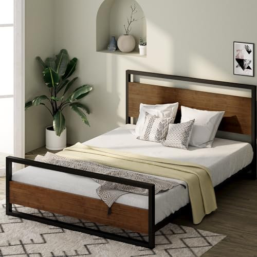 Zinus Suzanne Double Bed frame - Bed 135x190 cm - 18 cm Height - Bamboo and Metal Platform Bed frame with Headboard and Footboard - Brown and Black