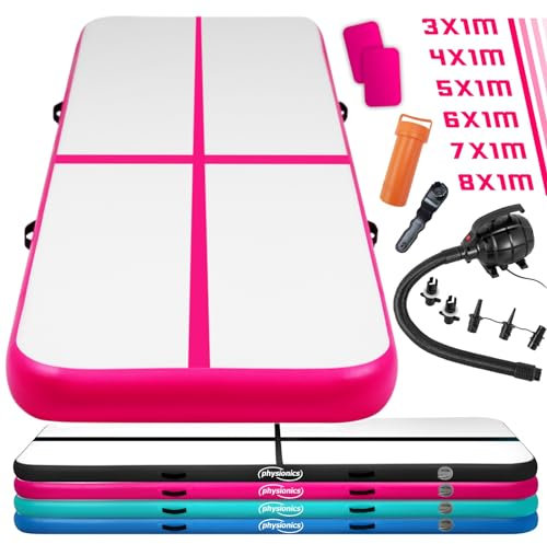Physionics® Air Matte Track - 3/4/5/6/7/8 m, aufblasbar, mit elektrischer Luftpumpe, Farbwahl - Turnmatte, Gymnastikmatte, Tumbling Matte, Trainingsmatte, Fitnessmatt, Yogamatte Pink