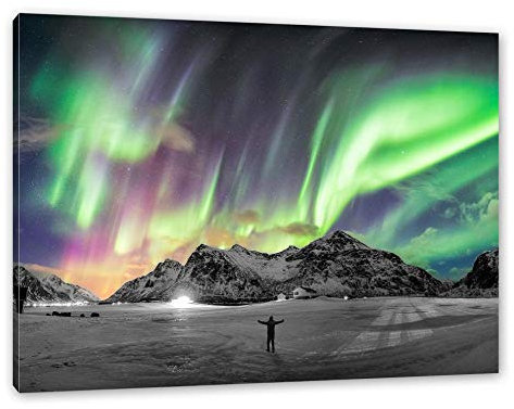 Pixxprint Polarlichter über den Bergen bei Nacht B&W Detail, Größe: 120x80cm, Leinwandbild, fertig gespannt, Wandbild, Dekoration, Kunstdruck, kein Poster