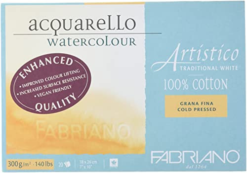 Fabriano Artistico Acquarello Watercolour, naturweiß, Feinkorn cold pressed, 18 x 26 cm, 20 Blatt 300 g/m², hochwertiger Künstler-Aquarellkarton, Block 4-seitig geleimt, vegan