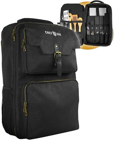 Chef Sac Traveller Chef Backpack Chef Knife Bag | Water-Resistant | 21+ Pockets for Knives & Kitchen Utensils | Back Pocket for Laptop & Notebook | for Chefs & Culinary Students (Black)