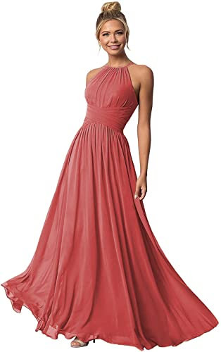 Clothfun Damen Neckholder Brautjungfernkleider Lange Chiffon Formale Kleider Abend Party Kleid 2022, Desert Rose, 44