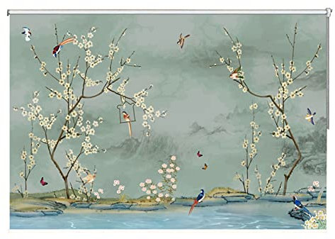 Rollos für Fenster Ohne Bohren Grüne Vogel Blumen Herunterziehvorhänge, Reduzieren Sie Den Lärm Dick Gemusterte Rollos für Fenster, 65/75/85/95/105/115/125/135/145 cm Breite