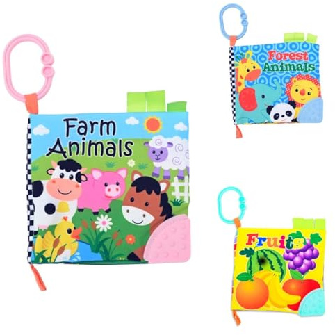 Lorelli Baby Stoffbuch Tiere Beißring Früchte C-Ring Lehrbuch Bauernhoftiere bunt