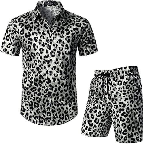 LucMatton Herren 2-teilige Bedruckte Outfits Hipster Leopard Kurzarm Button Down Shirt und Shorts Set für Club Party Weißer Leopard X-Large