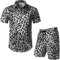 LucMatton Herren 2-teilige Bedruckte Outfits Hipster Leopard Kurzarm Button Down Shirt und Shorts Set für Club Party Weißer Leopard X-Large