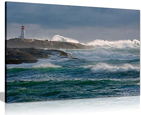 Panther Print Fine Art Prints Lighthouse & Ocean Waves Artistic Framed Canvas Print, Pictures for Home Walls, Bedroom, Living Room & Bathroom Decor 31x20cm (12x8in)