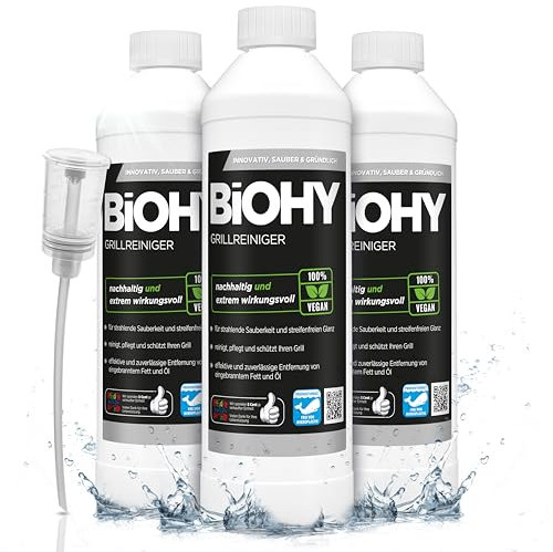 BiOHY Grillreiniger (3 x 500ml) + Dosierer | Reiniger für Holzkohle-, Gas- und Elektrogrill | Hocheffektiv gegen angebranntes Fett und Öl | Pflegt und schont das Material | Veganes Bio Konzentrat