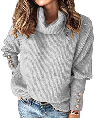 Damenmode einfarbig Pullover Top Rollkragen Langarm Knöpfe Herbst Winter warm weich ShirtTop Deckenjacke