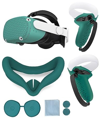 Gwyoneaon Protective Cover for Oculus/Meta Quest 2 Accessories, Silicone Controllers Grip Cover Protector, Soft Shell Skin with Face Cover and Lens Cover by (Green)
