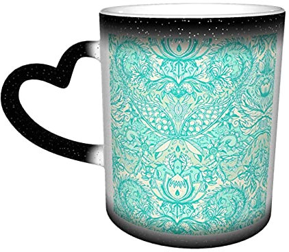 YINGD Keramik-Tasse, detailliert, dekorativ, Jugendstil, Doodle in Mintgrün, Kaffeetasse, lustige Farbwechsel, Reisebecher, Keramik, hitzeempfindlich, C, Einheitsgröße