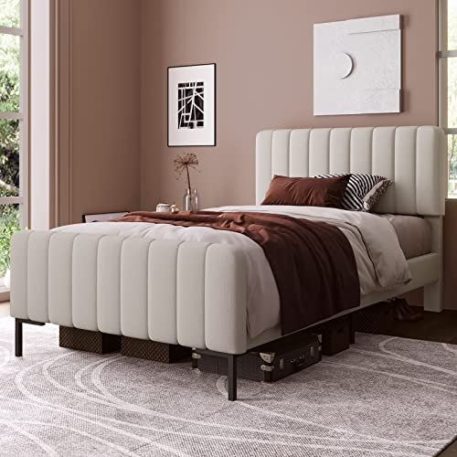 Seniorenbett 90X200, Bett mit Bettkasten Bett Beige Leinen mit Lattenrost und Verstellbares Kopfteil