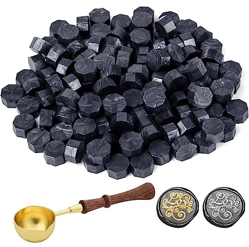 ASTARON 300 Stück Siegelwachs Perlschwarz, Siegelwachs Perlen mit 1 Wachsschmelzlöffel, achteckiges Wachssiegel-Set für Einladungen, Karten, Umschläge, Weinpakete, Geschenkverpackungen