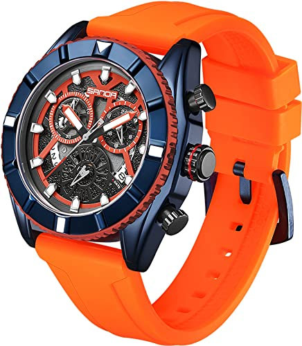 findtime Orange Herrenuhren Chronographen Sport Herren Uhr Analog Quarz Armbanduhr Silikon Watch für Männer Racer Deisgn Military Style