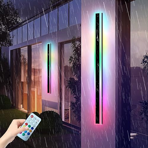 MADHEHAO Lange RGB LED Außenwandleuchte – 12 Farben 4 Modi wasserdicht moderne Außenleuchte schwarz minimalistische Wandleuchten für Veranda mit Fernbedienung (40cm 11W)