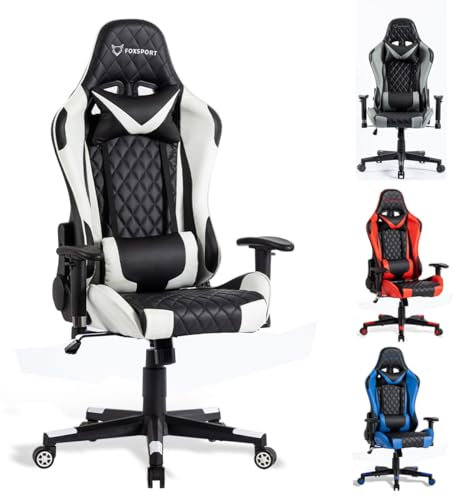 FOXSPORT Ergonomischer Gaming-Stuhl vollständig verstellbar mit Armlehne, Fußstütze, Kopfstütze, Rückenlehne und Kissen – Neigungsfunktion – ultimativer Komfort für Gamer und Büroangestellte.