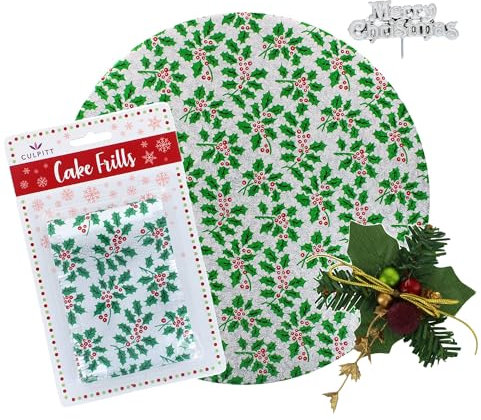 Culpitt Holly Christmas Cake Kit, 10 Festive Cake Board, Silver Cake Frill, and Cake Toppers Including Holly and Red Berry Decoration and Merry Christmas Plaque - 4 Piece Set