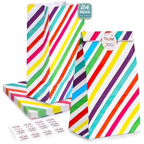 Koogel 24 Stück Papiertüten, Geschenktüten Kindergeburtstag mit Aufkleber, 22 cm x 12 cm x 8 cm Candy Tüten zum Mitgebsel Kindergeburtstag Mädchen, Giveaways, Hochzeit