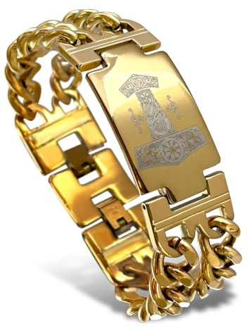 bahamut Mens Viking Odin Gungnir Mjolnir Stainless Steel Cool Cuban Chain Link Bracelet for Men,Norse Cuff Wristband Jewelry (Gold Mjolnir)