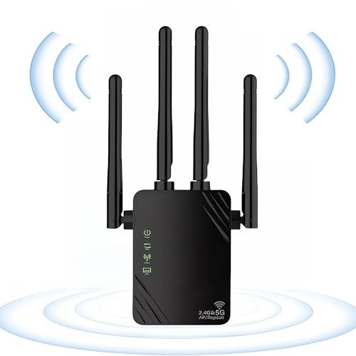 AILKIN 2025 Nouveau Puissant Amplificateur 1200Mbps WiFi, 5Ghz et 2,4Ghz Double Bande, Port Gigabit et WPS, Dispose de 4 Antennes Murales Percées Puissantes, Compatible avec Toutes Les Boîtes Réseau.