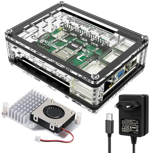 Miuzei Caja para Raspberry Pi 5 con Official Active Cooler 5V 5.1A Fuente de Alimentación Disipador Carcasa 27W Adaptador Cargador USB-C Power Supply,Ventilador Case for Raspberry Pi 5 8gb 4gb