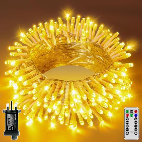 SKYELE 10m Christmas Tree Lights with 100 Warm White LEDs, Waterproof Outdoor Fairy Light with Plug Remote 8 Modes Timer Clear Cable, String Lights Mains Powered for Outside Indoor Garden Decorations