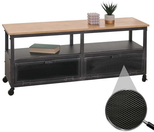 Mendler Lowboard HWC-N28, TV-Rack, Rollen 2 Fächer, 3D-Struktur Industrial Retro Metall Holz 55x130x36cm - schwarz, Natur