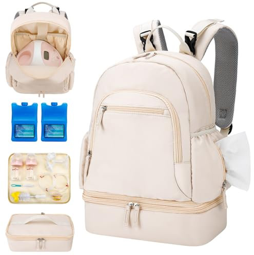 GDNasist Breast Pump Backpack Fit for Spectra S1 and S2 with Removable Cooler Compartment, Pumping Bag for Pump Accessories, Breast Pump Bag for Work, Travel and Family Use Beige