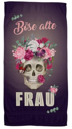 Tassenbrennerei Handtuch & Strandtuch mit Spruch: Böse alte Frau mit Totenkopf - Duschtuch lustig als Gechenk für Frauen - Badetuch als Geschenkidee (140x70cm)