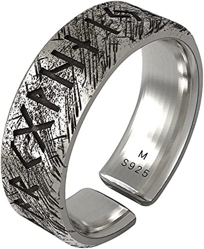 Chinese Lucky Feng Shui Auspicious Ring , Feng Shui Mantra-Ring, Vintage Schwarzer Sterling Silber Elder Futhark Runen Ring Nordischer Wikingerschmuck for Männer Frauen Verstellbare Größe S/M/L(Black)