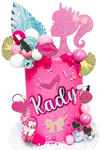 JeVenis Disco Hot Pink Girl Birthday Cake Decoration Pink Girls Birthday Decoration Pink Balls Palm Leaves Heels Lipstick Bags Cake Topper for Bridal Shower Baby Shower