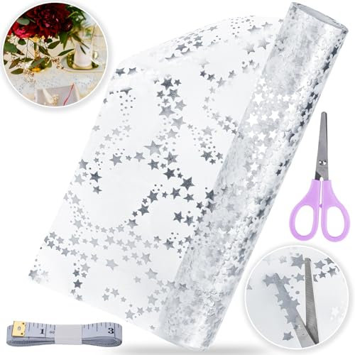 Tischläufer Silber, 28cmx3.5M Tischdecke Glänzend Tischdeko Hochzeitsdeko Mit Einer Schere, Transparenter Sternen Glitzer Organza Tischläufer für Hochzeiten DIY Geschenk Festliche Dekoration Party