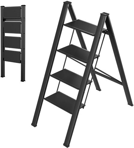 LIFERUN Escalera de Aluminio con 4 peldaños, Plegable, Antideslizante, para el hogar, multifunción, fácil de Guardar hasta 150 kg, soporta hasta 150 kg, para Cocina, hogar, Exterior, Oficina, Color