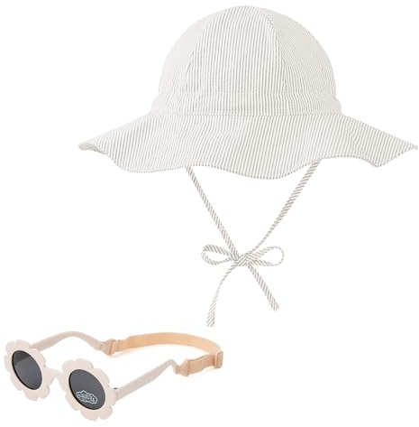 Zando UPF 50+ Wide Brim Baby Sun Hat for Baby Sunglasses 0-6 Months - Sun Protection Toddler Bucket Hat for Boys Girls Adjustable Newborn Infant Sun Hats 0-3 Months for Beach Pool Walking Gift Beige