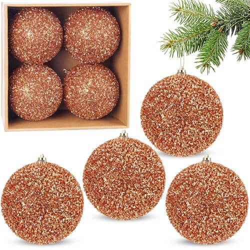 BRUBAKER Glitzer Weihnachtskugeln - 4er Set große Glitter Baumkugeln - 10 cm Christbaumkugeln Bruchsicher aus Kunststoff - Christbaumschmuck für Weihnachtsdeko - Weihnachtsbaumkugeln - Orange