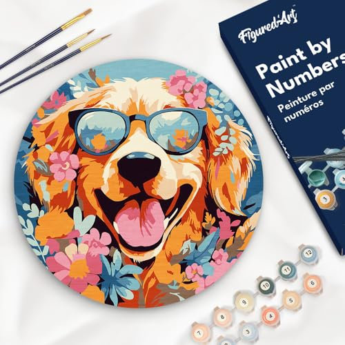 Figured'Art Peinture par Numéro Adulte sur Disque en Bois de 30cm de diamètre - Chiot fantaisie et des fleurs - Kit de Loisir Créatif DIY Numéro d'Art Complet