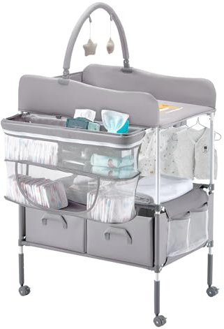 VEVOR Wickeltisch Faltbare Wickelstation mit 2 Stoffschubladen & Seitenkorb & Kleiderstange, höhenverstellbarer tragbarer Wickelkombi mit feststellbaren Rädern und 2 Sternspielzeugen, hellgrau