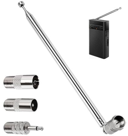 75 Ohm DAB Radio Aerial, Telescopic FM Aerial Antenna for HiFi AV Receiver & Mini System, FM Indoor Antenna with Male F Connector, 3 Adapters (PAL Male, PAL Female, 3.5mm) for Improved Reception