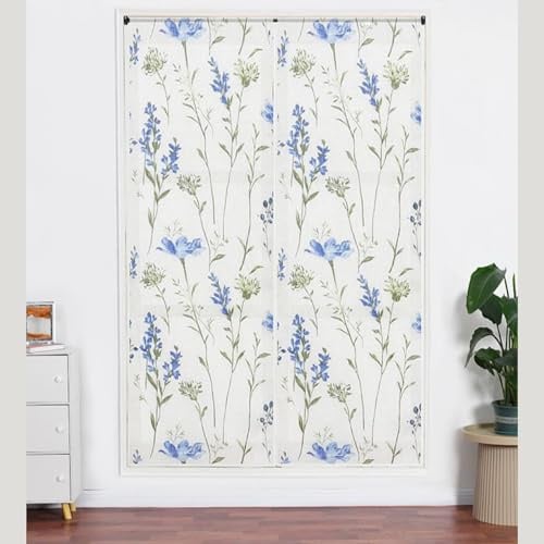 Generico Lino Tende Tendine Finestre a Pannello Trasparente Adatte per Porte Balcone Soggiorno Camera da Letto Cucina (Blu Flower, 60x240cm 2 Pannelli)
