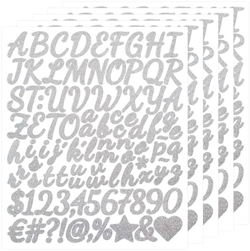 BINLINHONGO 380 Letters Number Stickers, 5 Sheets Glitter 1 Inch Self-Adhesive Vinyl Letter Sticker Decals for Scrapbooks, Water Bottles, Signs, Holiday Parties - Silver