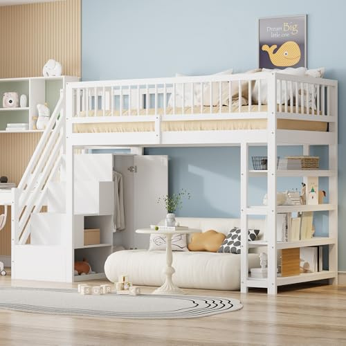 Rvjiahe Hochbett 90 x 200， Hochzaun-Sicherheitsdesign mit Kleiderschrank， Regalen und Stauraum mit Sicherheitskletterleiter， Multifunktionsbett， Massivholzbett (weiß)