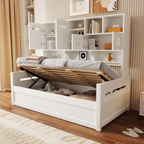 ZIDEY Massivholzsofa 90x200 mit große Stauraum und Schrank, hydraulisches Einzelbett mit Lattenrost, Schlafsofa Sofabett Tagesbett Gästebett Jugendbett,weiß, Ohne Matratze