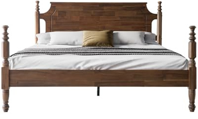 Solid Wood Platform Bed Frame with Headboard & Footboard, Center Metal Legs, 12 Sturdy Slats Base, Easy Assembly, No Box Spring Needed, Anti-Noise & Slip-Free, King Size, Walnut Finish, ROK-37